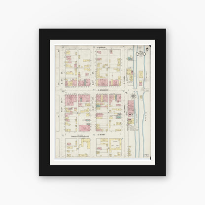Old map wall art mockup — black gallery frame with white mat — Sanborn Fire Insurance Map from Peru, Miami County, Indiana (1887), Sheet #0002