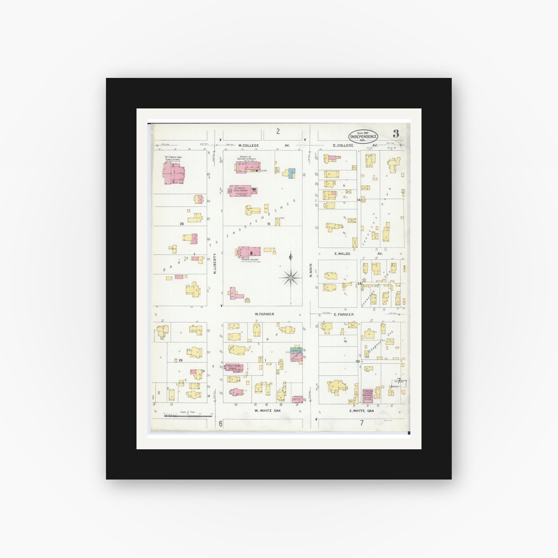 Old map wall art mockup — black gallery frame with white mat — Sanborn Fire Insurance Map from Independence, Jackson County, Missouri (1907), Sheet #0003