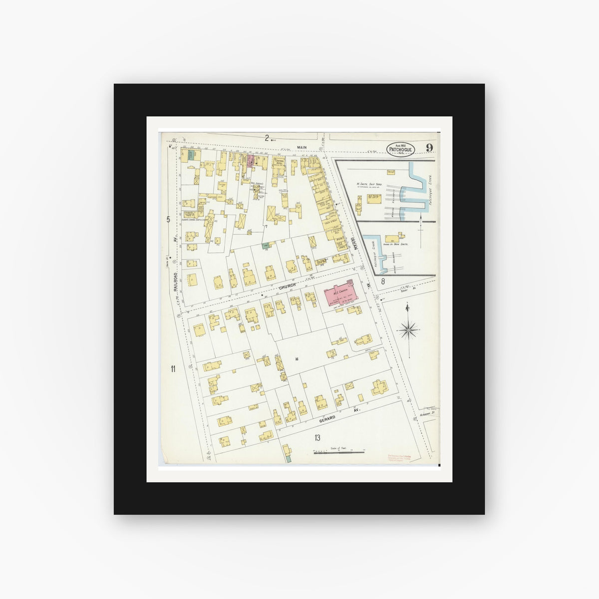 Old map wall art mockup — black gallery frame with white mat — Sanborn Fire Insurance Map from Patchogue, Suffolk County, New York (1902), Sheet #0009
