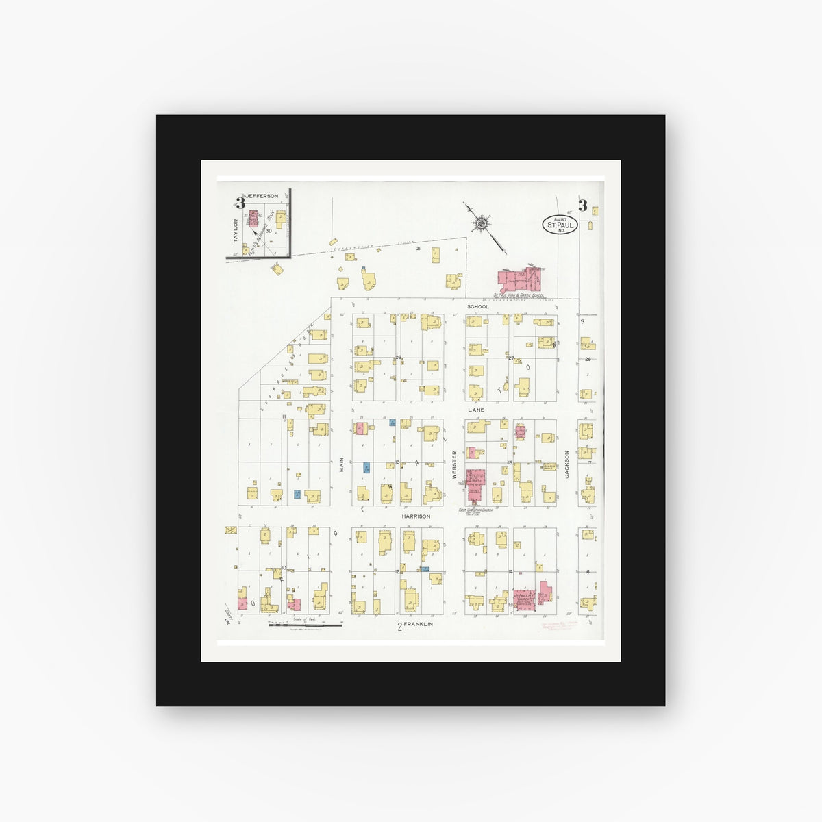Old map wall art mockup — black gallery frame with white mat — Sanborn Fire Insurance Map from Saint Paul, Shelby And Decatur Counties, Indiana (1927), Sheet #0003