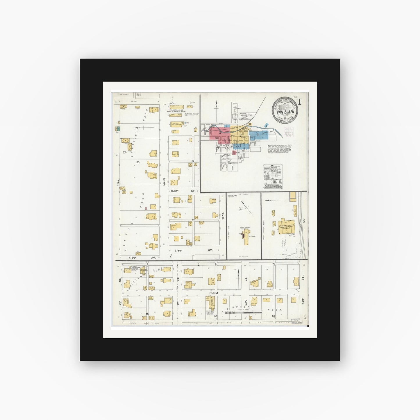Old map wall art mockup — black gallery frame with white mat — Sanborn Fire Insurance Map from Van Buren, Grant County, Indiana (1904) - Complete Map Set
