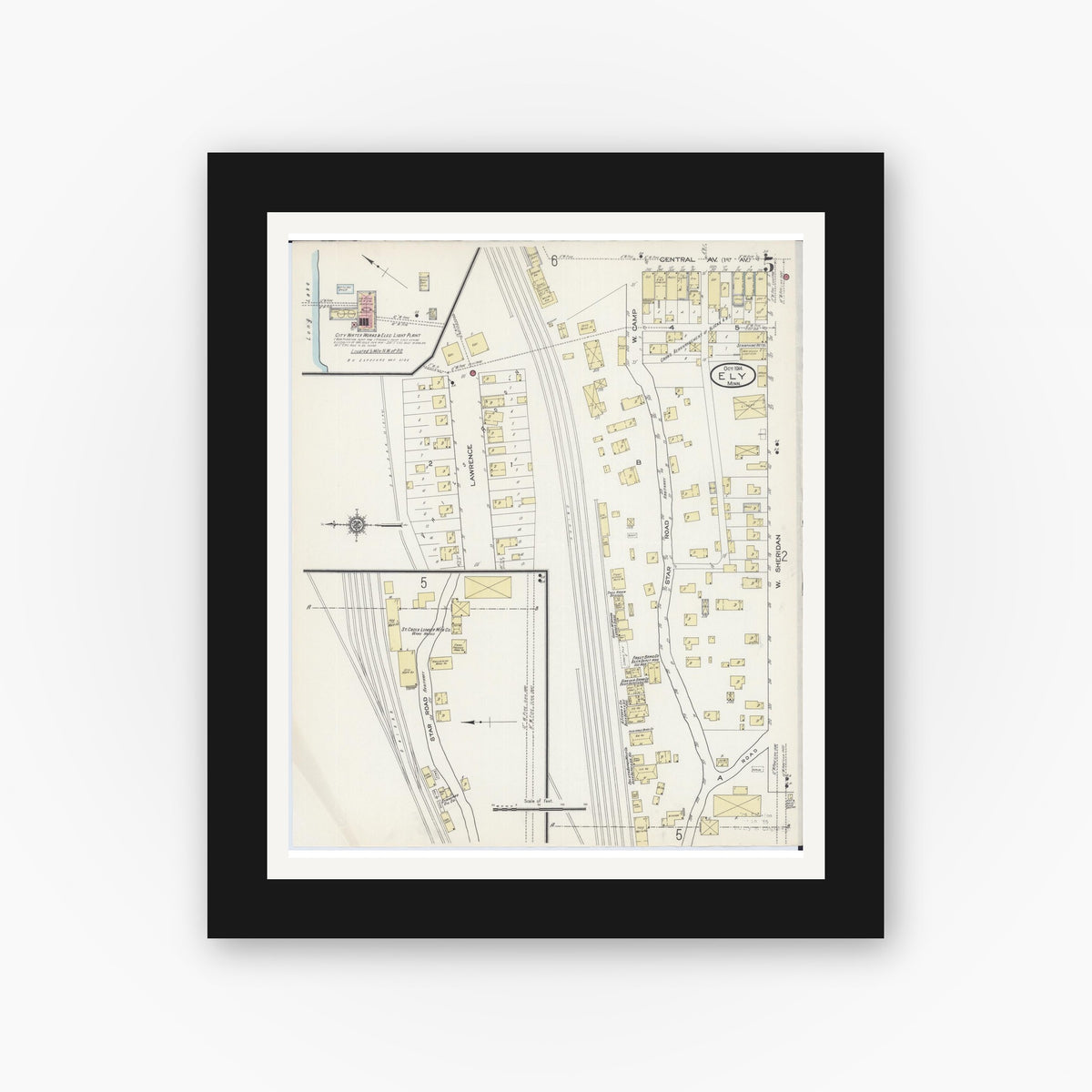 Old map wall art mockup — black gallery frame with white mat — Sanborn Fire Insurance Map from Ely, Saint Louis County, Minnesota (1914), Sheet #0005