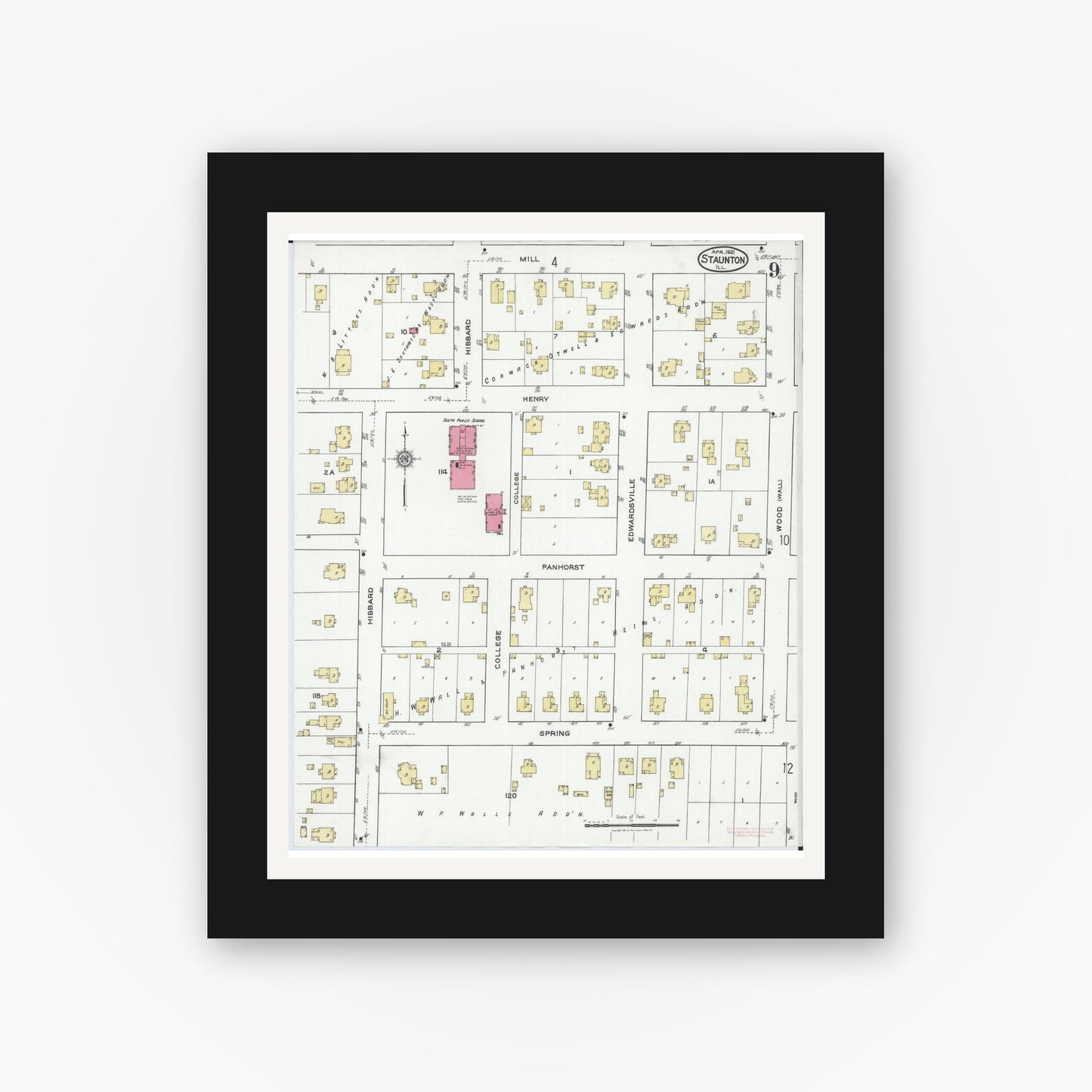 Old map wall art mockup — black gallery frame with white mat — Sanborn Fire Insurance Map from Staunton, Macoupin County, Illinois (1921), Sheet #0009