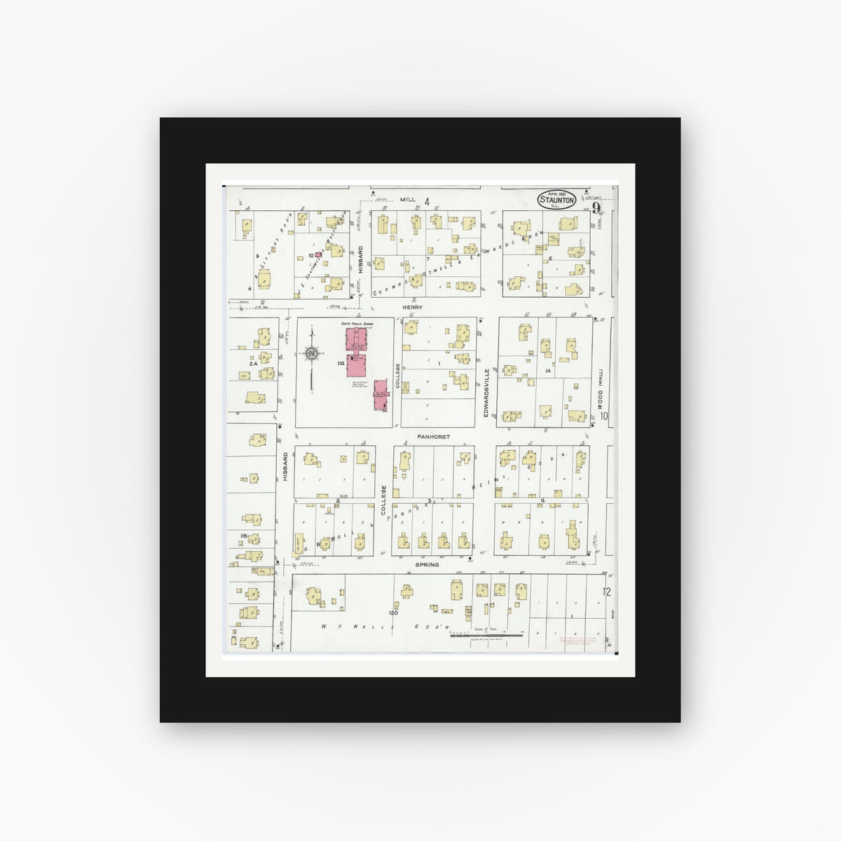 Old map wall art mockup — black gallery frame with white mat — Sanborn Fire Insurance Map from Staunton, Macoupin County, Illinois (1921), Sheet #0009