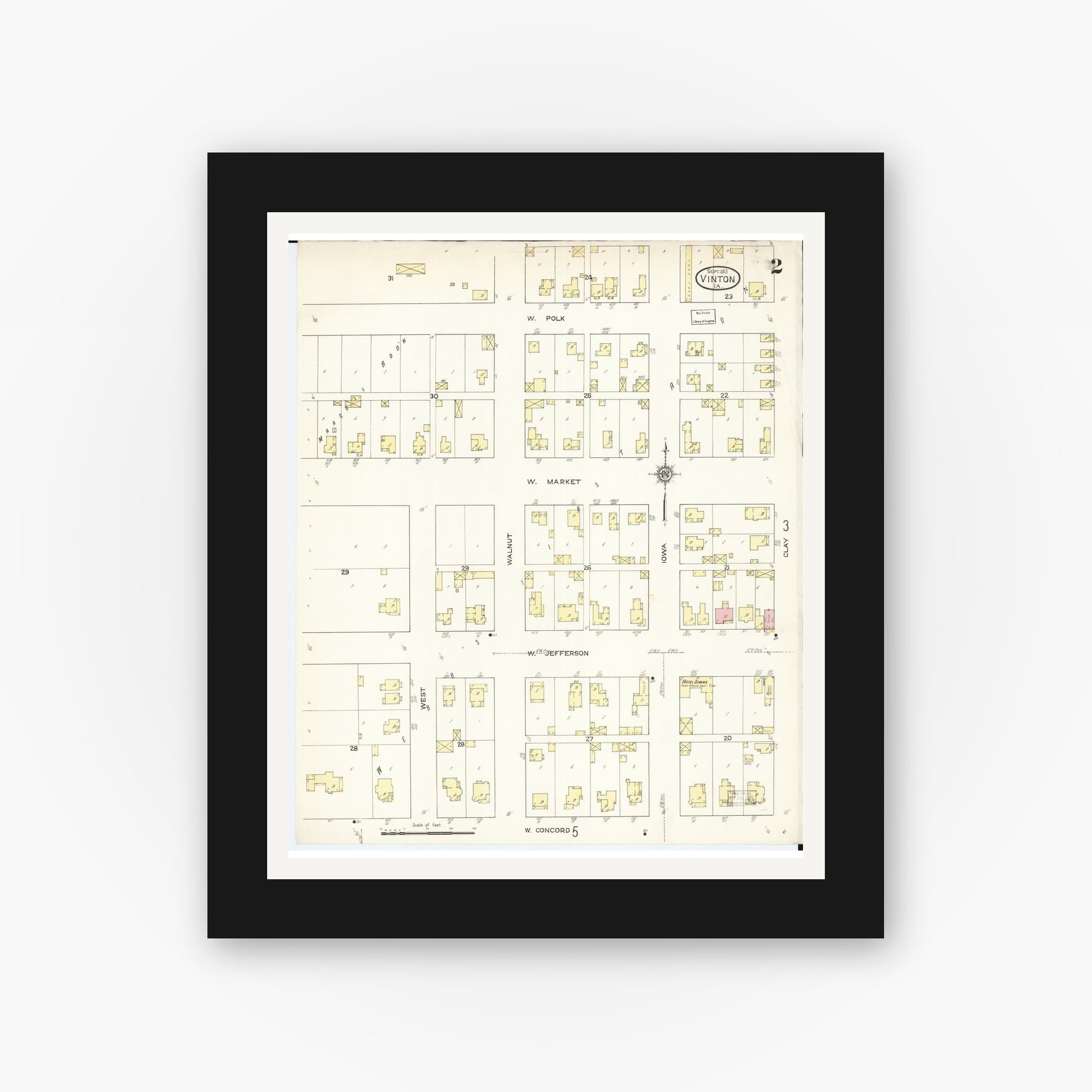 Old map wall art mockup — black gallery frame with white mat — Sanborn Fire Insurance Map from Vinton, Benton County, Iowa (1913), Sheet #0002