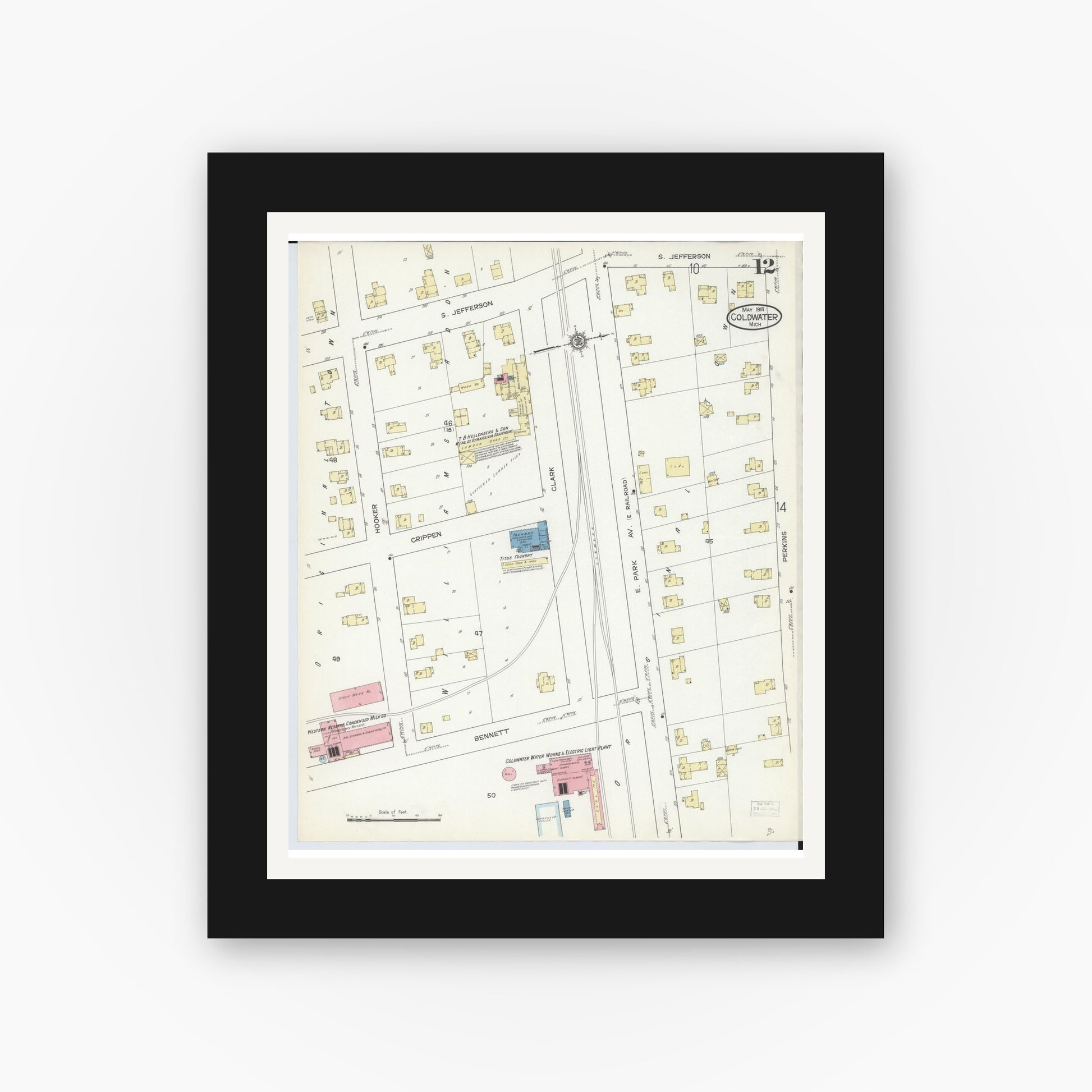 Old map wall art mockup — black gallery frame with white mat — Sanborn Fire Insurance Map from Coldwater, Branch County, Michigan (1914), Sheet #0012