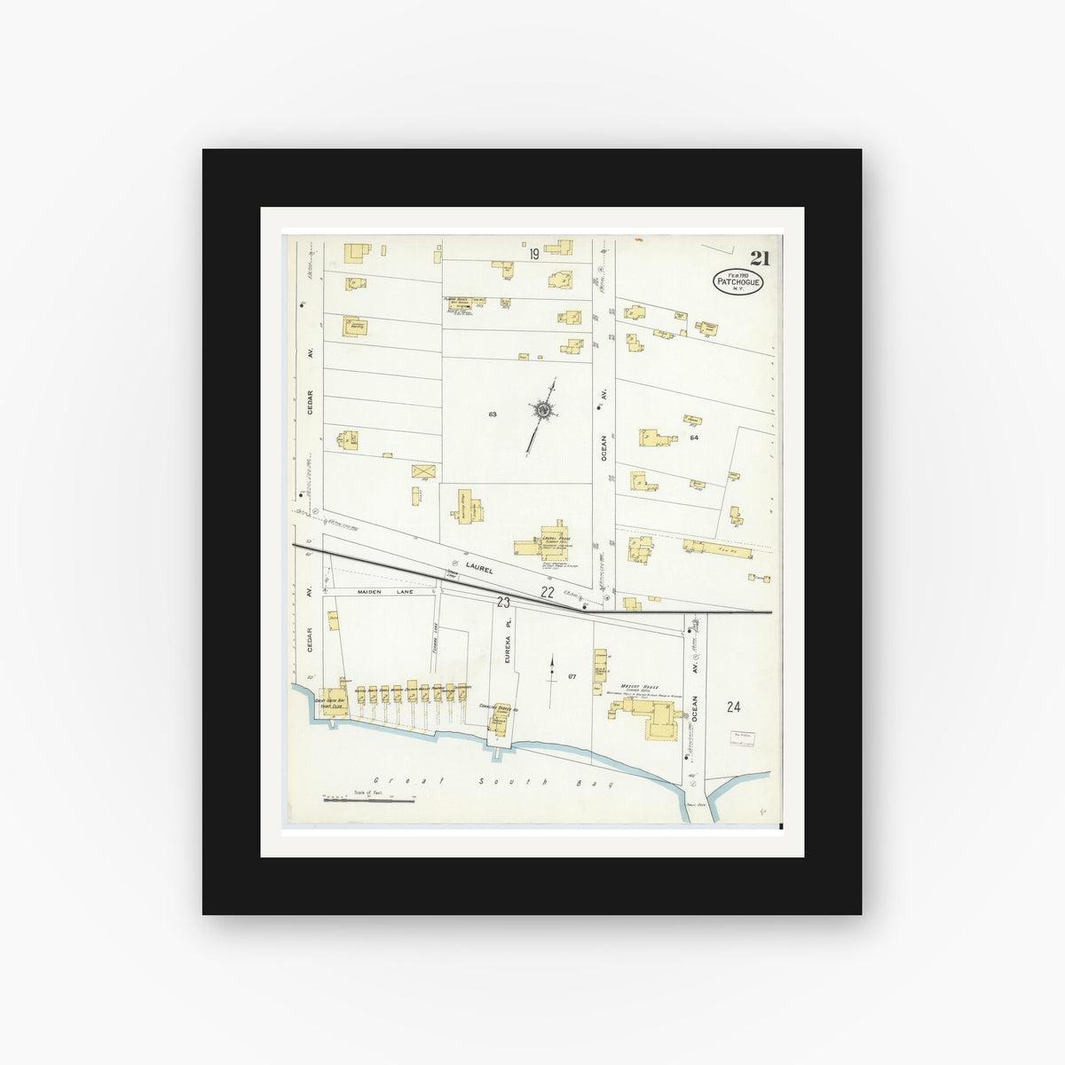 Old map wall art mockup — black gallery frame with white mat — Sanborn Fire Insurance Map from Patchogue, Suffolk County, New York (1910), Sheet #0021