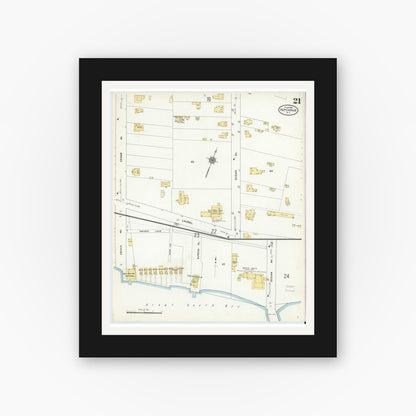 Old map wall art mockup — black gallery frame with white mat — Sanborn Fire Insurance Map from Patchogue, Suffolk County, New York (1910), Sheet #0021