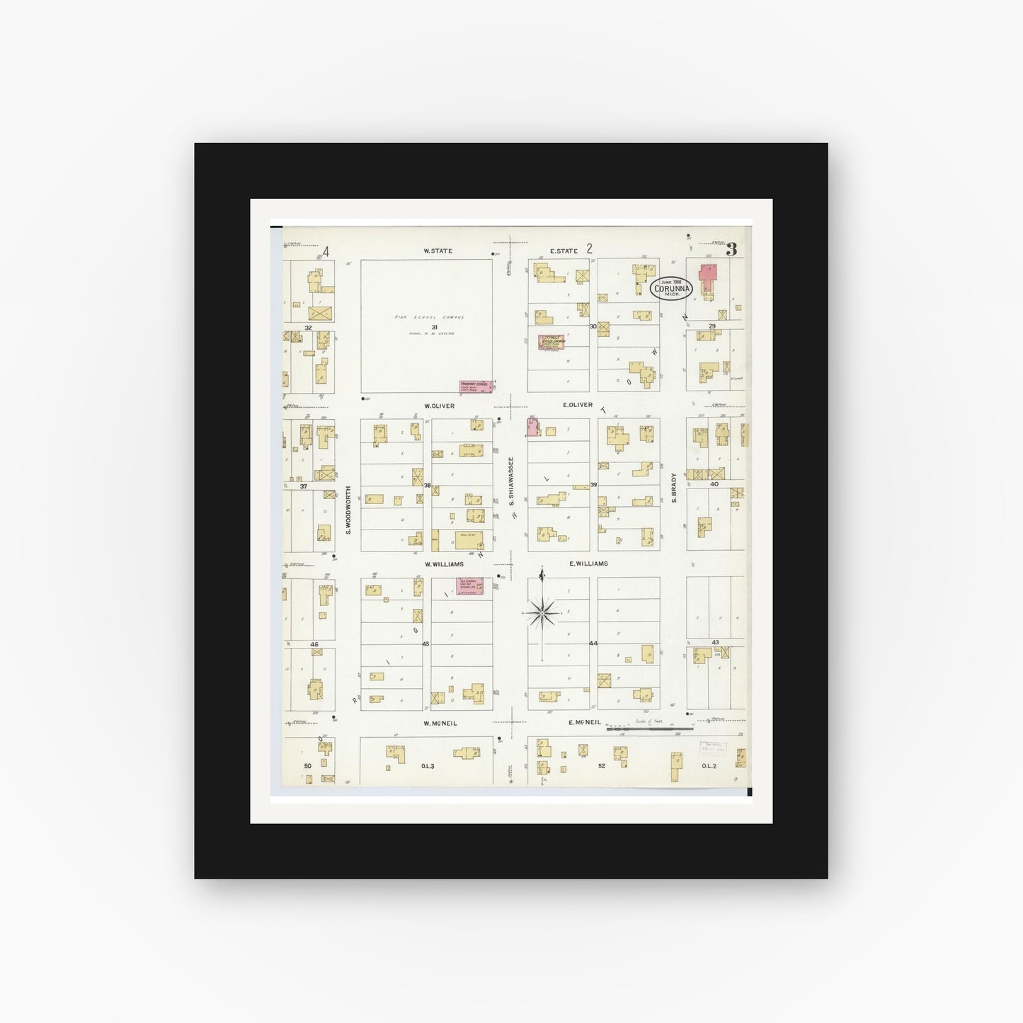 Old map wall art mockup — black gallery frame with white mat — Sanborn Fire Insurance Map from Corunna, Shiawassee County, Michigan (1908), Sheet #0003