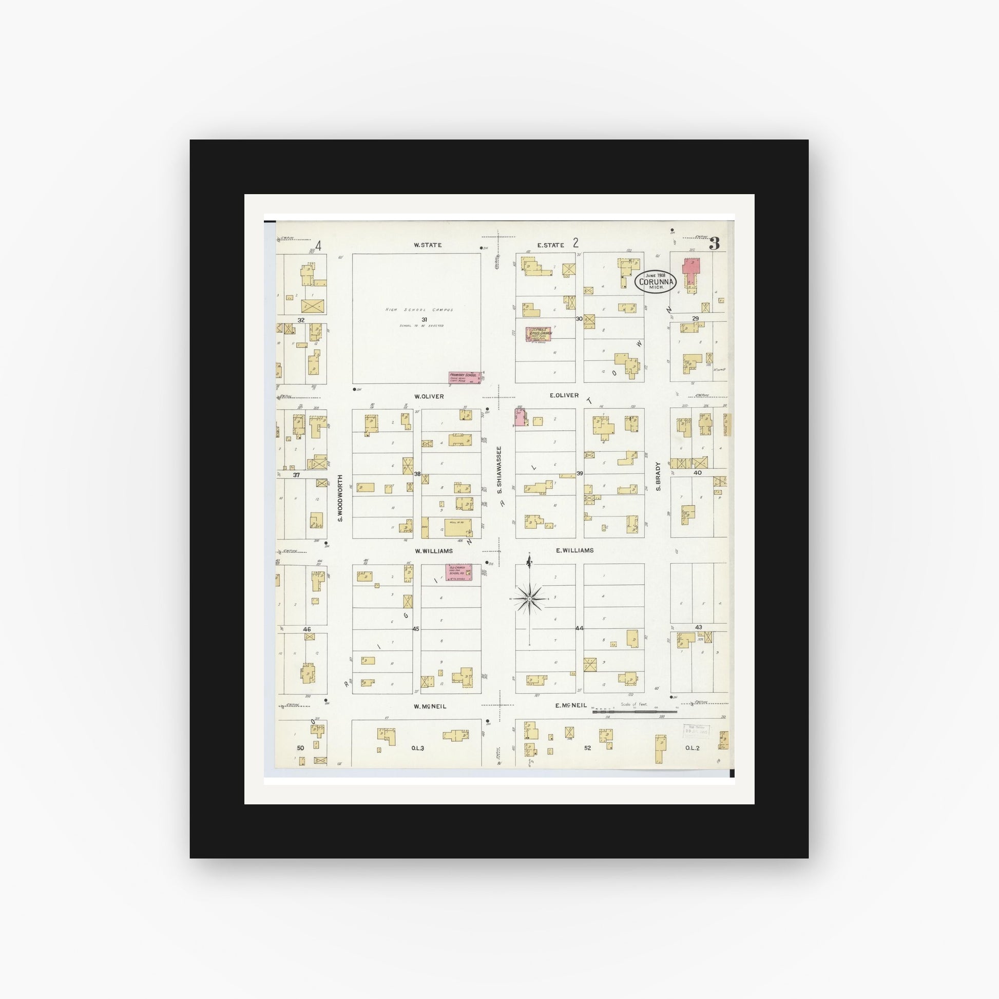 Old map wall art mockup — black gallery frame with white mat — Sanborn Fire Insurance Map from Corunna, Shiawassee County, Michigan (1908), Sheet #0003