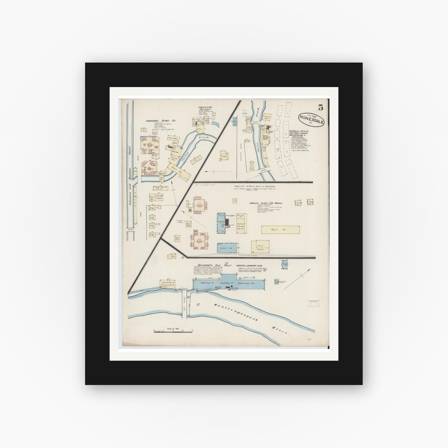 Old map wall art mockup — black gallery frame with white mat — Sanborn Fire Insurance Map from Honesdale, Wayne County, Pennsylvania (1885), Sheet #0005