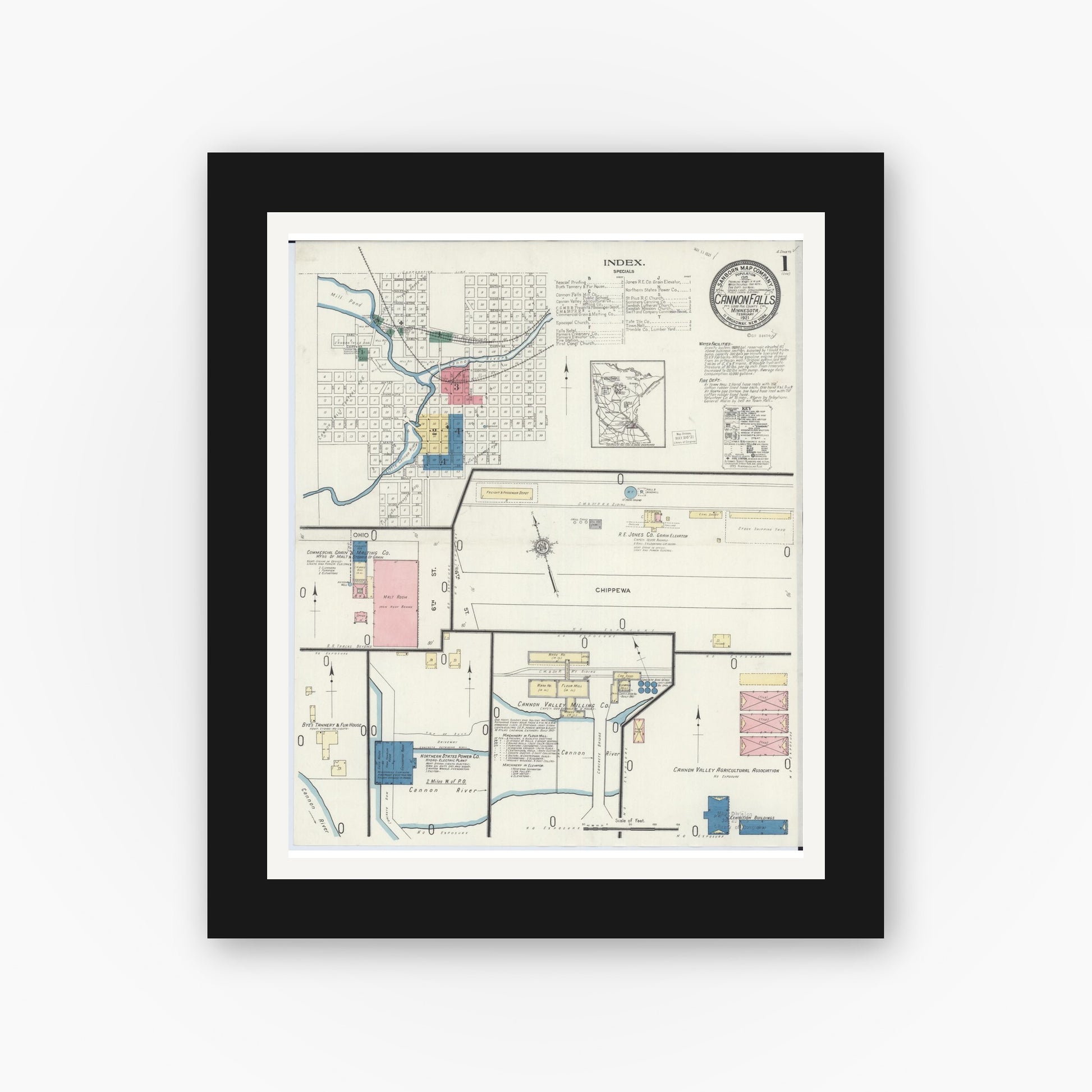 Old map wall art mockup — black gallery frame with white mat — Sanborn Fire Insurance Map from Cannon Falls, Goodhue County, Minnesota (1921) - Complete Map Set