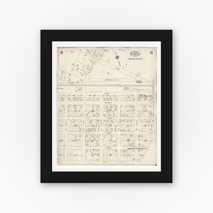 Old map wall art mockup — black gallery frame with white mat — Sanborn Fire Insurance Map from Caldwell, Burleson County, Texas (1943), Sheet #0006