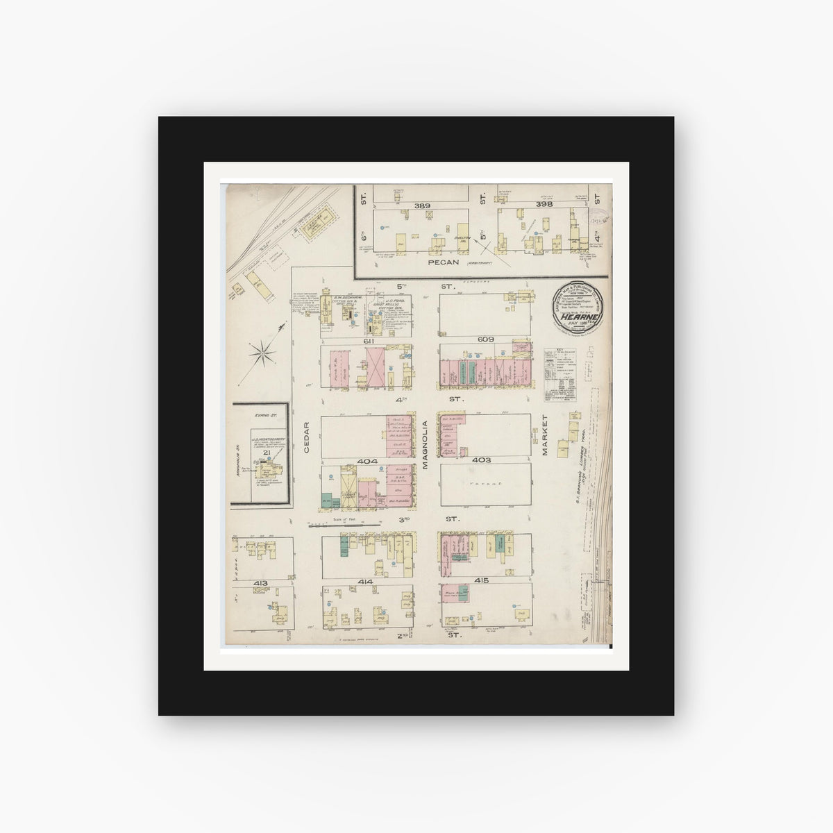 Old map wall art mockup — black gallery frame with white mat — Sanborn Fire Insurance Map from Hearne, Robertson County, Texas (1885), Sheet #0001