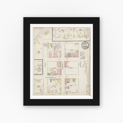 Old map wall art mockup — black gallery frame with white mat — Sanborn Fire Insurance Map from Hearne, Robertson County, Texas (1885), Sheet #0001