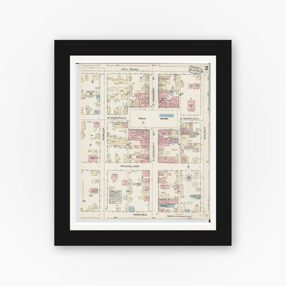 Old map wall art mockup — black gallery frame with white mat — Sanborn Fire Insurance Map from Bucyrus, Crawford County, Ohio (1884), Sheet #0002