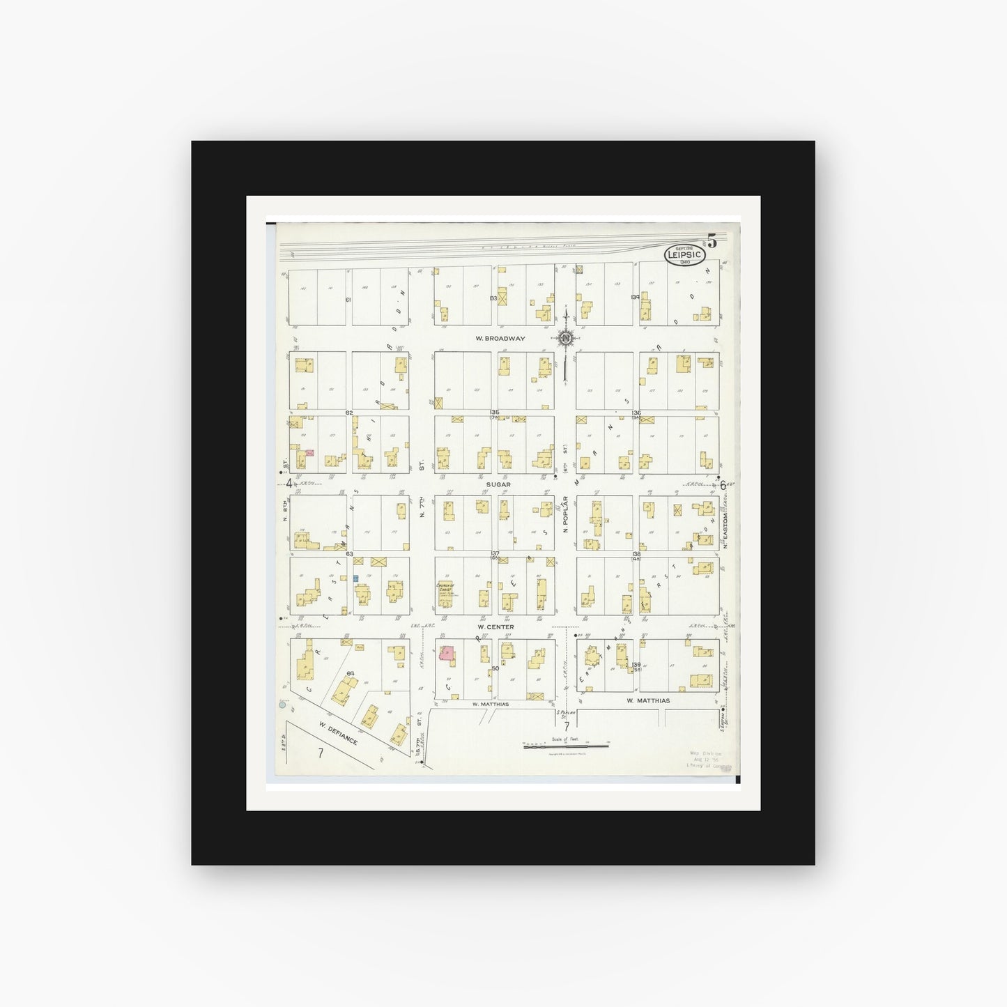 Old map wall art mockup — black gallery frame with white mat — Sanborn Fire Insurance Map from Leipsic, Putnam County, Ohio (1916), Sheet #0005