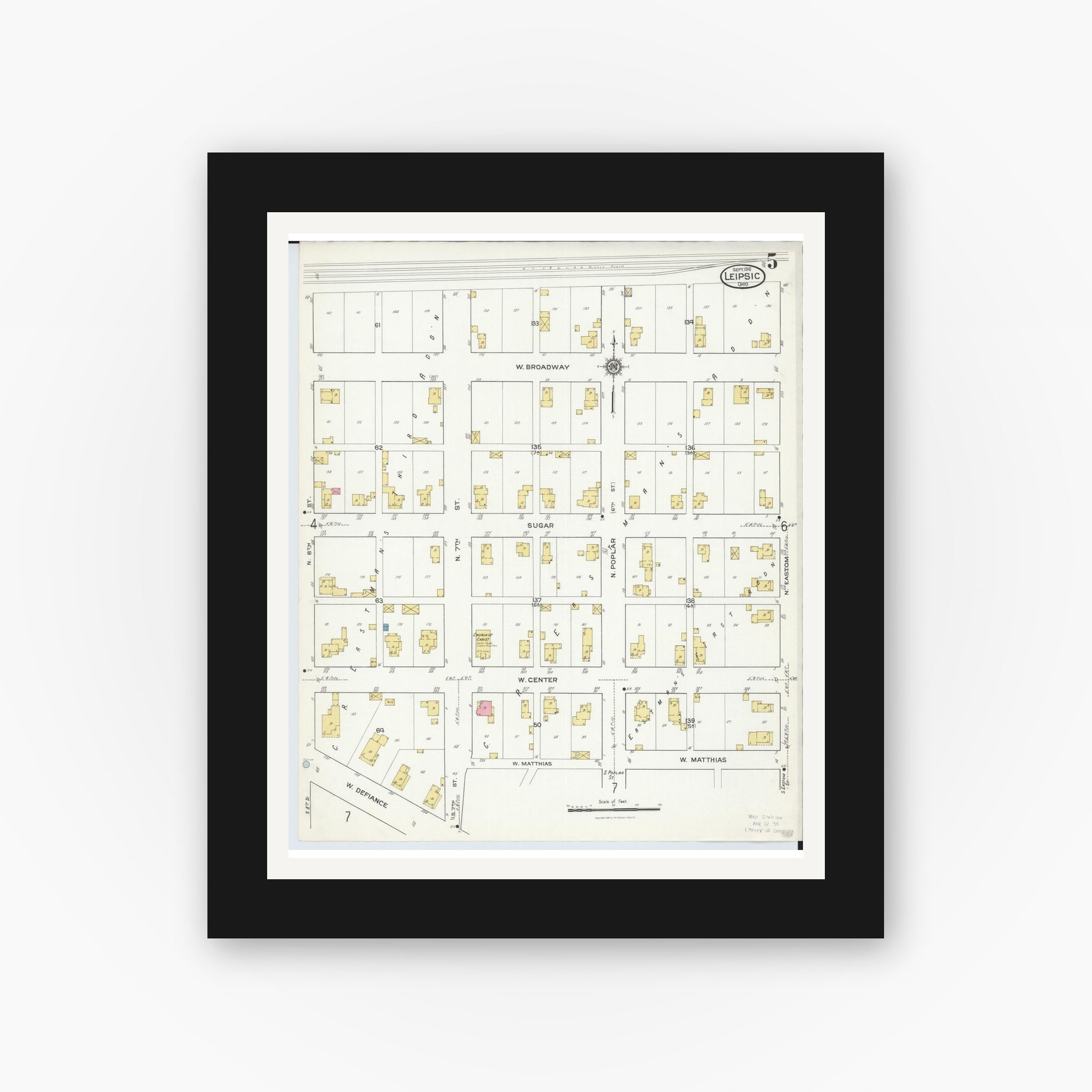 Old map wall art mockup — black gallery frame with white mat — Sanborn Fire Insurance Map from Leipsic, Putnam County, Ohio (1916), Sheet #0005
