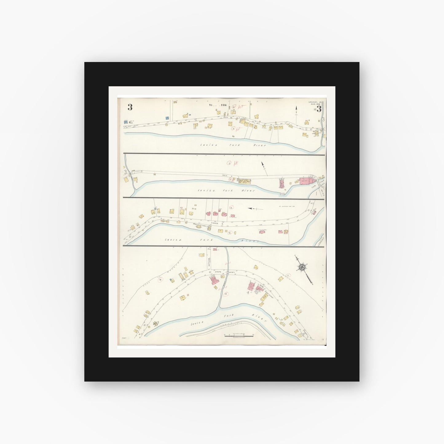 Old map wall art mockup — black gallery frame with white mat — Sanborn Fire Insurance Map from Grundy, Buchanan County, Virginia (1936), Sheet #0003