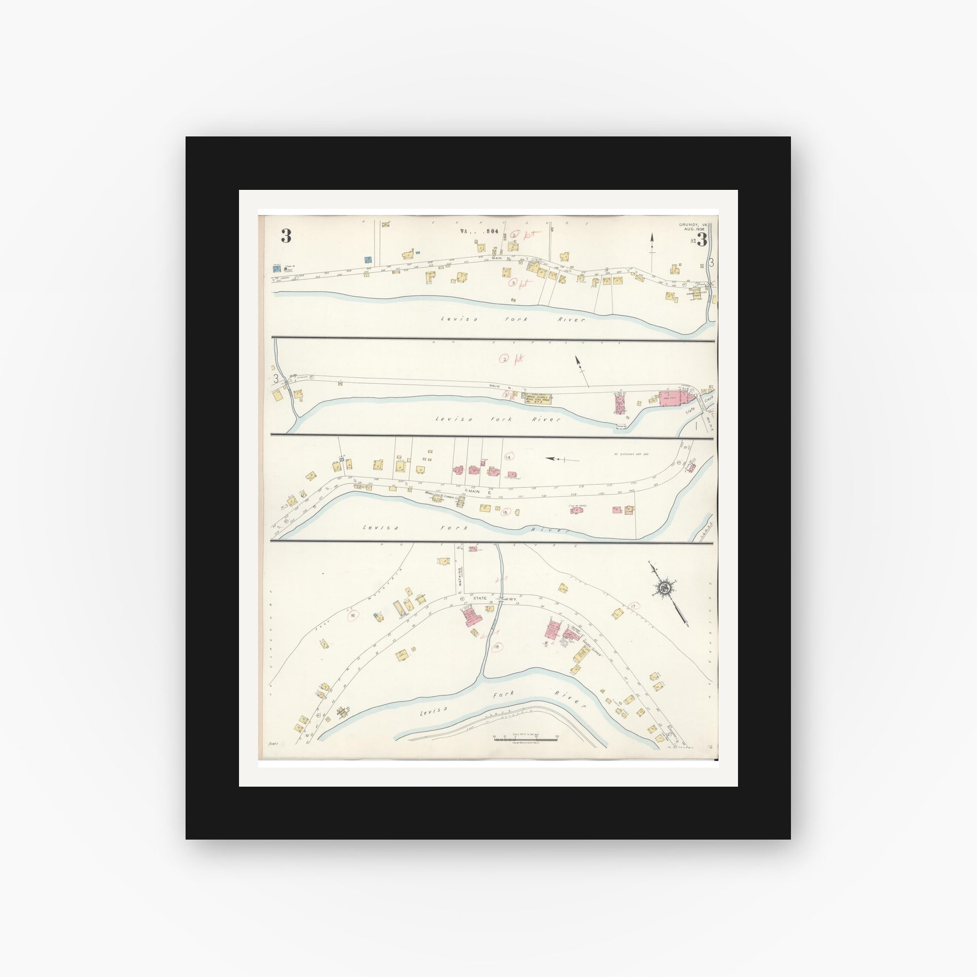 Old map wall art mockup — black gallery frame with white mat — Sanborn Fire Insurance Map from Grundy, Buchanan County, Virginia (1936), Sheet #0003