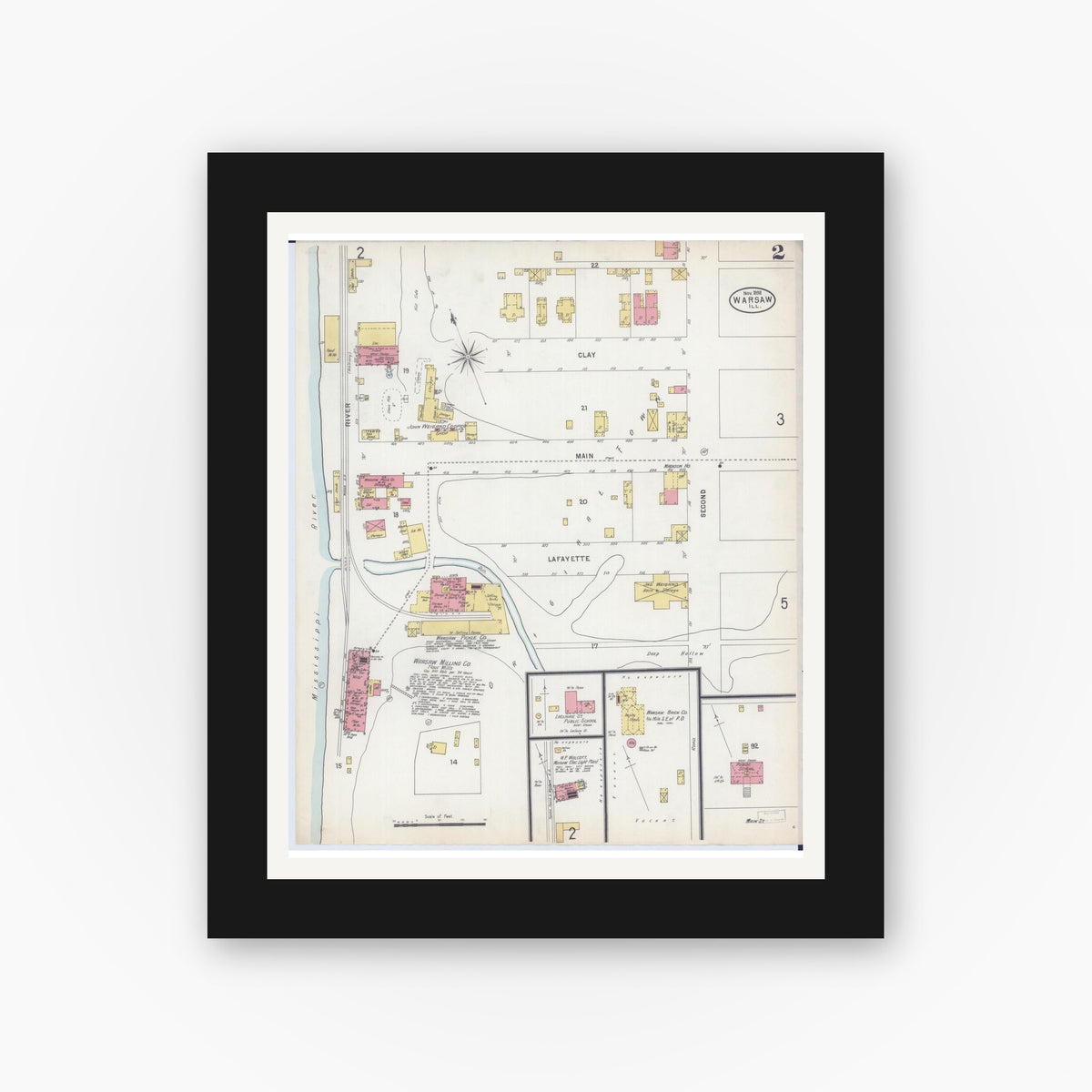 Old map wall art mockup — black gallery frame with white mat — Sanborn Fire Insurance Map from Warsaw, Hancock County, Illinois (1898), Sheet #0002