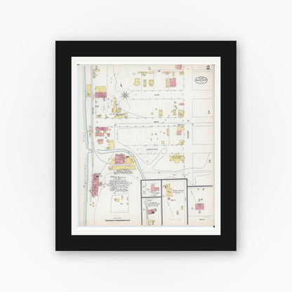 Old map wall art mockup — black gallery frame with white mat — Sanborn Fire Insurance Map from Warsaw, Hancock County, Illinois (1898), Sheet #0002