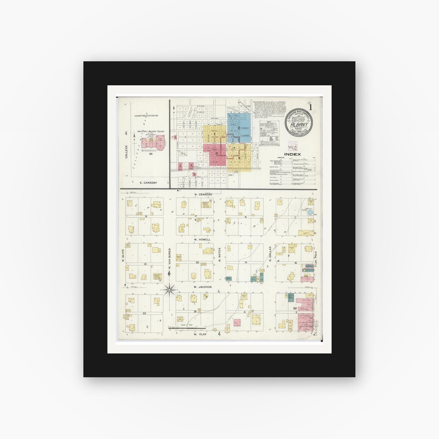 Old map wall art mockup — black gallery frame with white mat — Sanborn Fire Insurance Map from Albany, Gentry County, Missouri (1909) - Complete Map Set