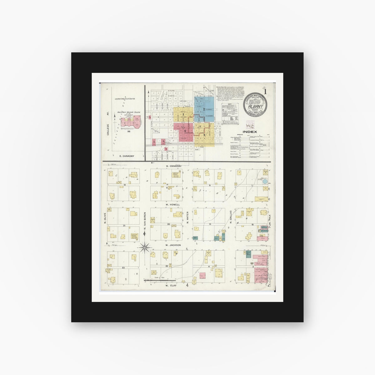 Old map wall art mockup — black gallery frame with white mat — Sanborn Fire Insurance Map from Albany, Gentry County, Missouri (1909) - Complete Map Set