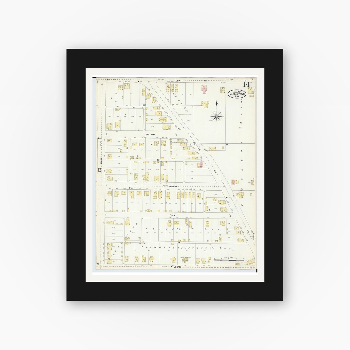 Old map wall art mockup — black gallery frame with white mat — Sanborn Fire Insurance Map from Middletown, Butler County, Ohio (1907), Sheet #0014