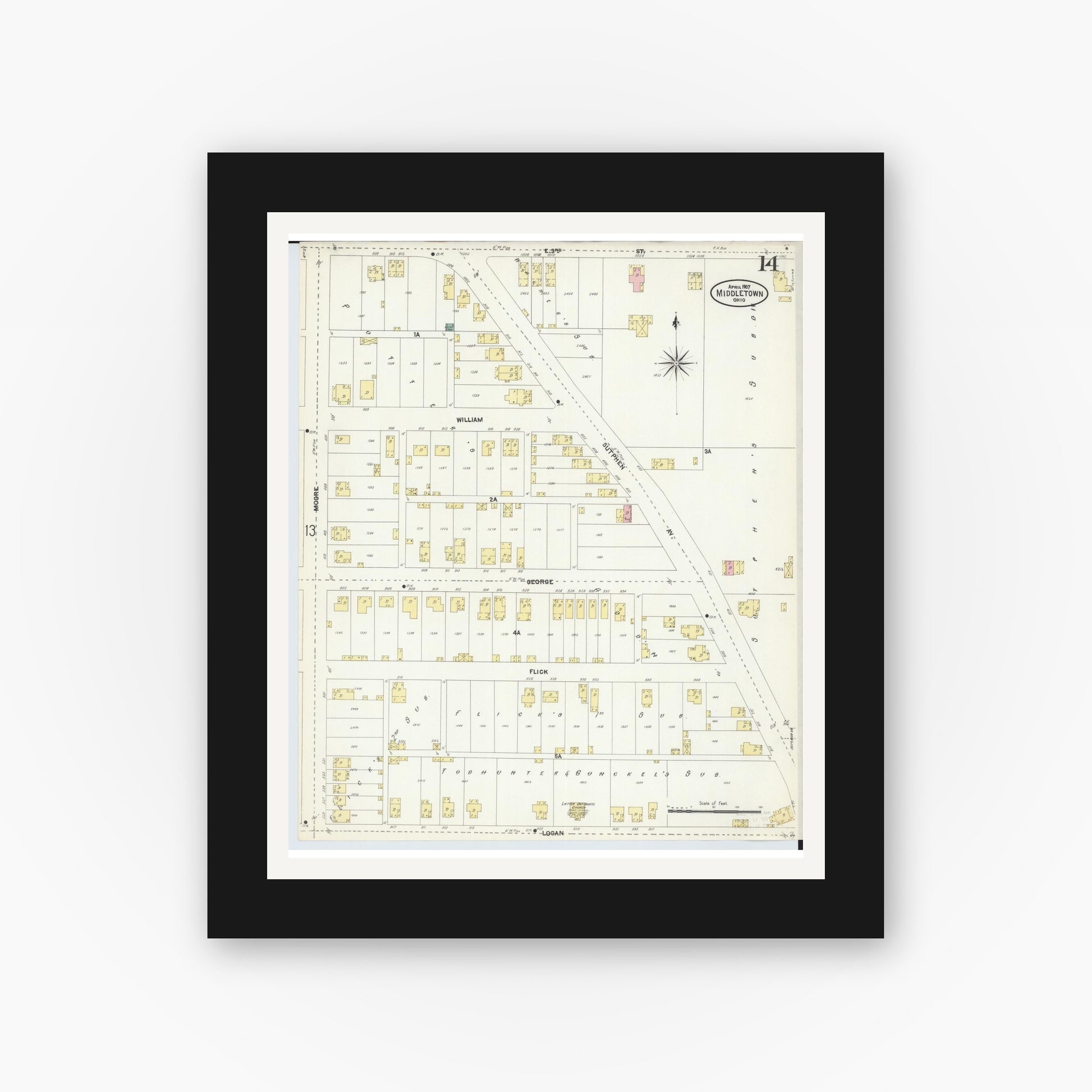 Old map wall art mockup — black gallery frame with white mat — Sanborn Fire Insurance Map from Middletown, Butler County, Ohio (1907), Sheet #0014