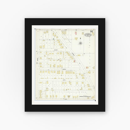 Old map wall art mockup — black gallery frame with white mat — Sanborn Fire Insurance Map from Middletown, Butler County, Ohio (1907), Sheet #0014