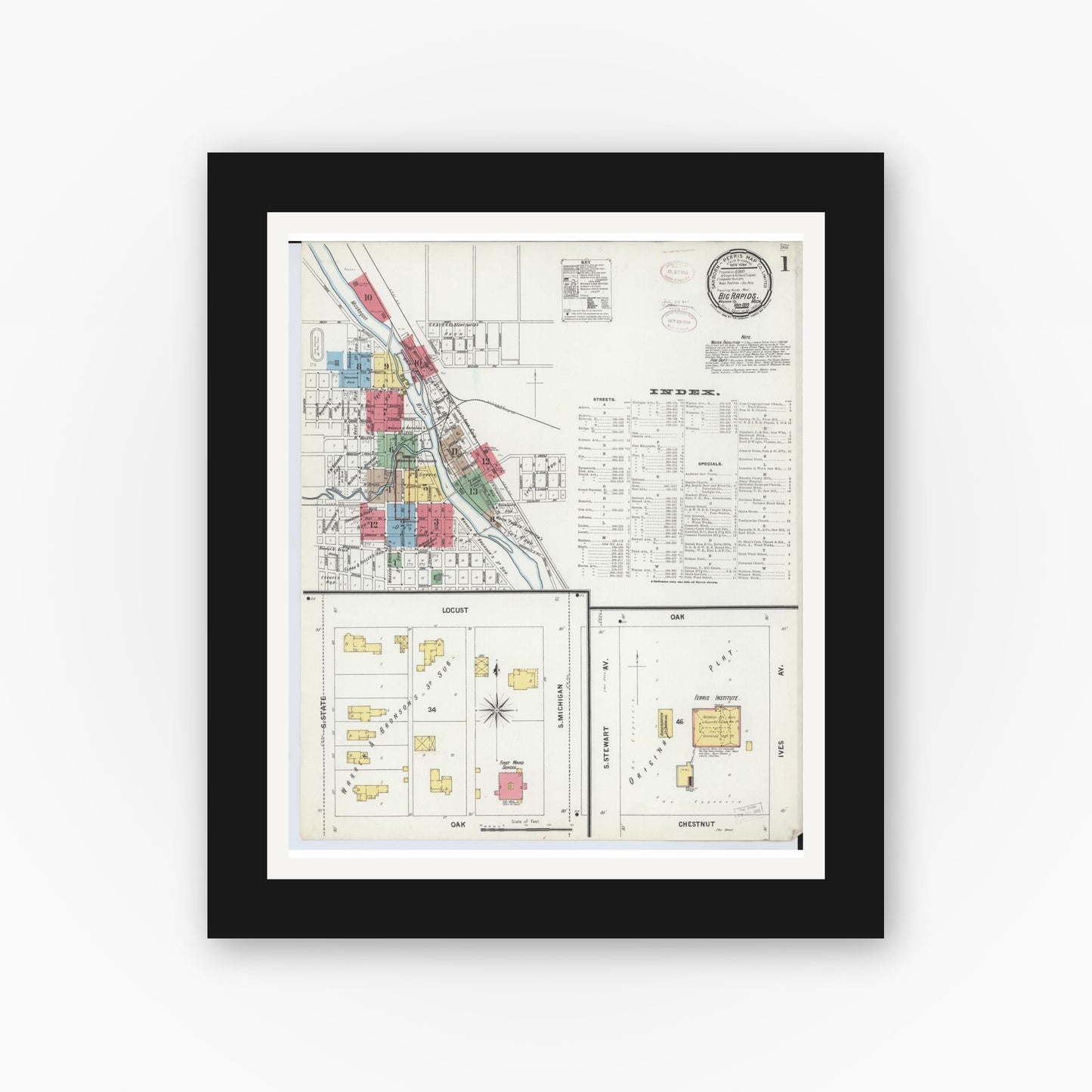 Old map wall art mockup — black gallery frame with white mat — Sanborn Fire Insurance Map from Big Rapids, Mecosta County, Michigan (1899) - Complete Map Set