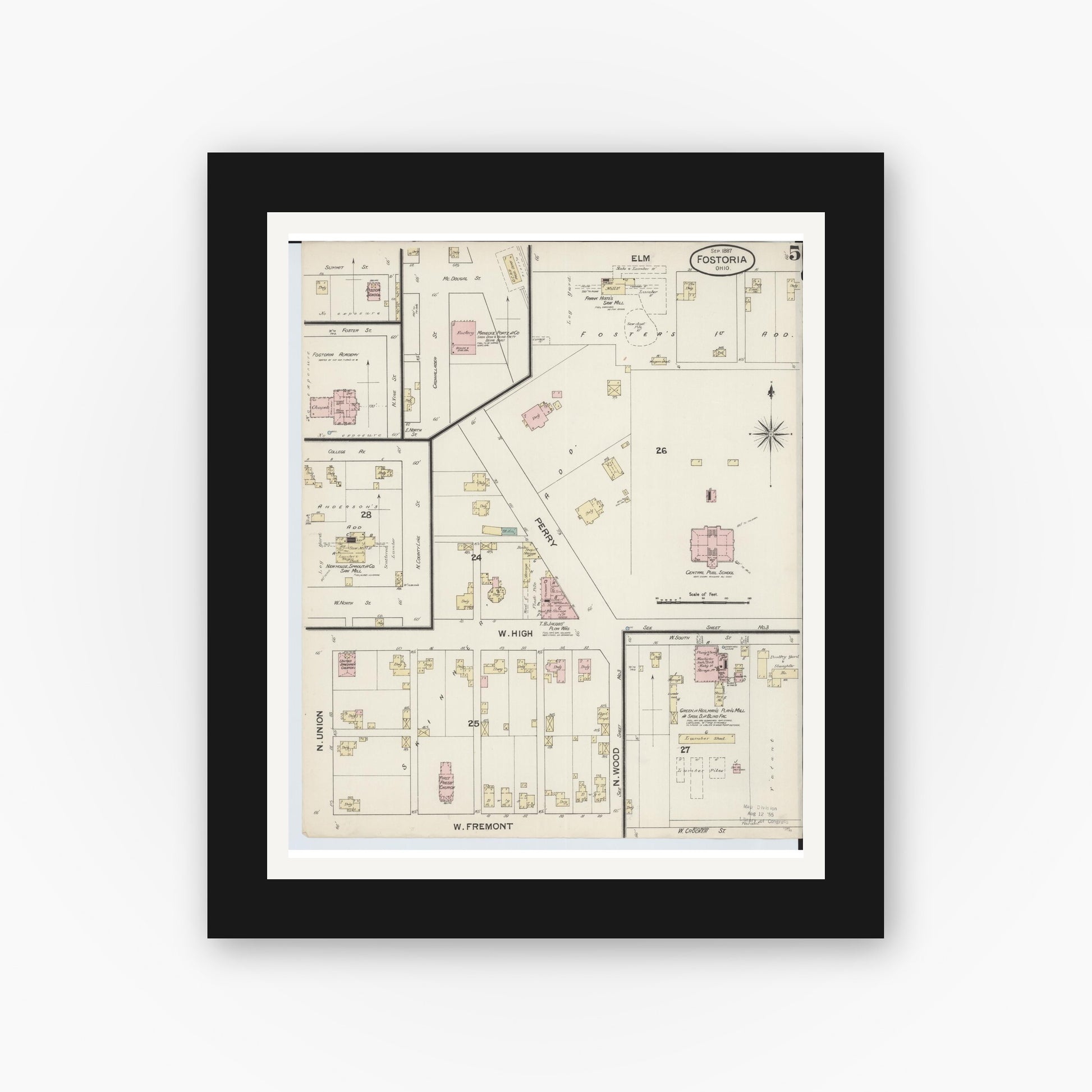 Old map wall art mockup — black gallery frame with white mat — Sanborn Fire Insurance Map from Fostoria, Seneca, Hancock, And Wood Counties, Ohio (1887), Sheet #0005