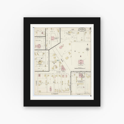 Old map wall art mockup — black gallery frame with white mat — Sanborn Fire Insurance Map from Fostoria, Seneca, Hancock, And Wood Counties, Ohio (1887), Sheet #0005