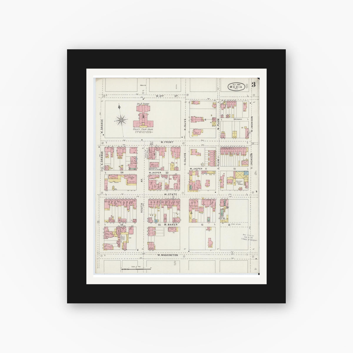 Old map wall art mockup — black gallery frame with white mat — Sanborn Fire Insurance Map from Media, Delaware County, Pennsylvania (1894), Sheet #0003