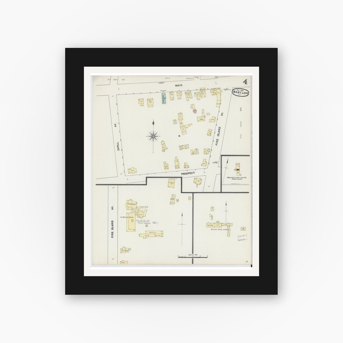 Old map wall art mockup — black gallery frame with white mat — Sanborn Fire Insurance Map from Babylon, Suffolk County, New York (1890), Sheet #0004