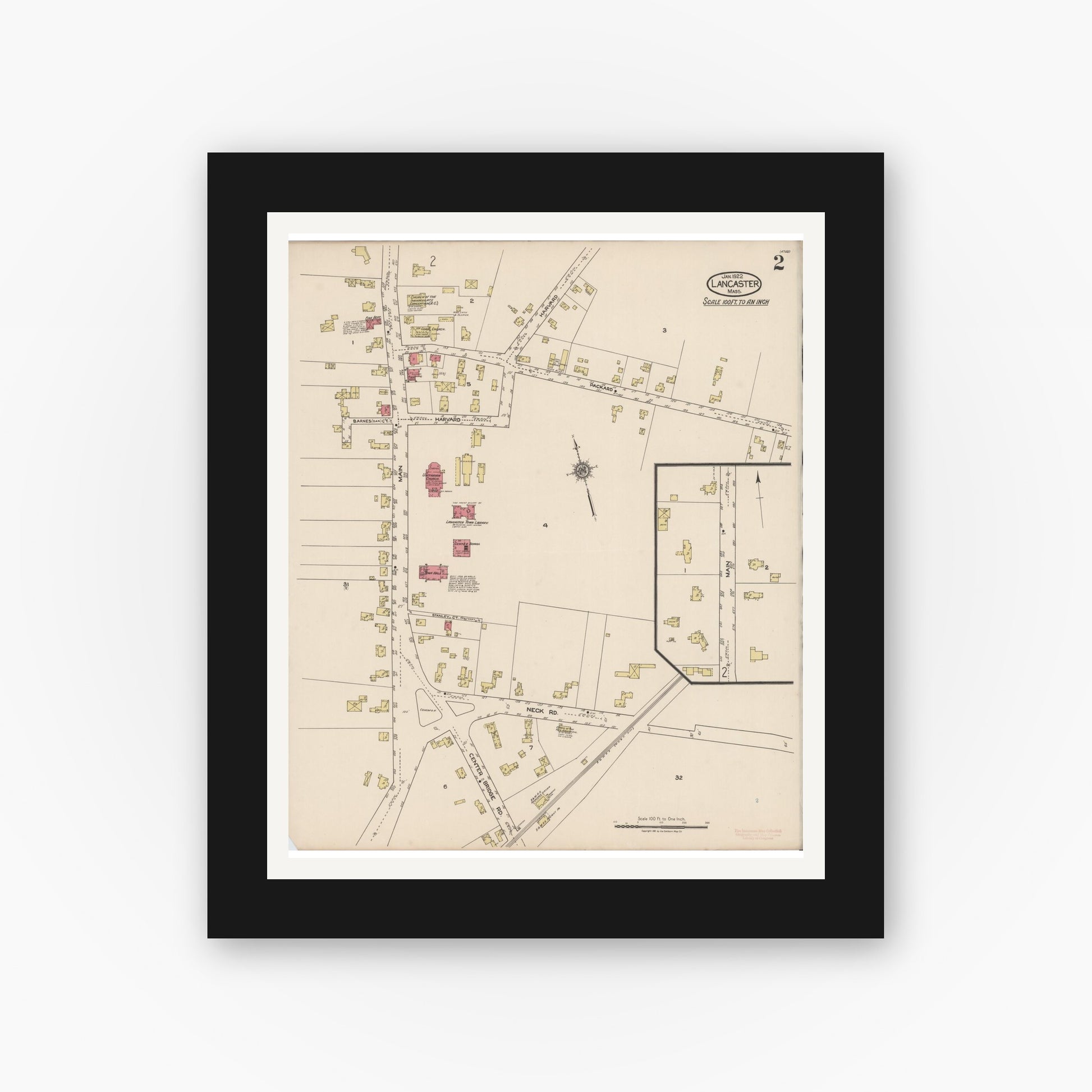 Old map wall art mockup — black gallery frame with white mat — Sanborn Fire Insurance Map from Lancaster, Worcester County, Massachusetts (1922), Sheet #0002