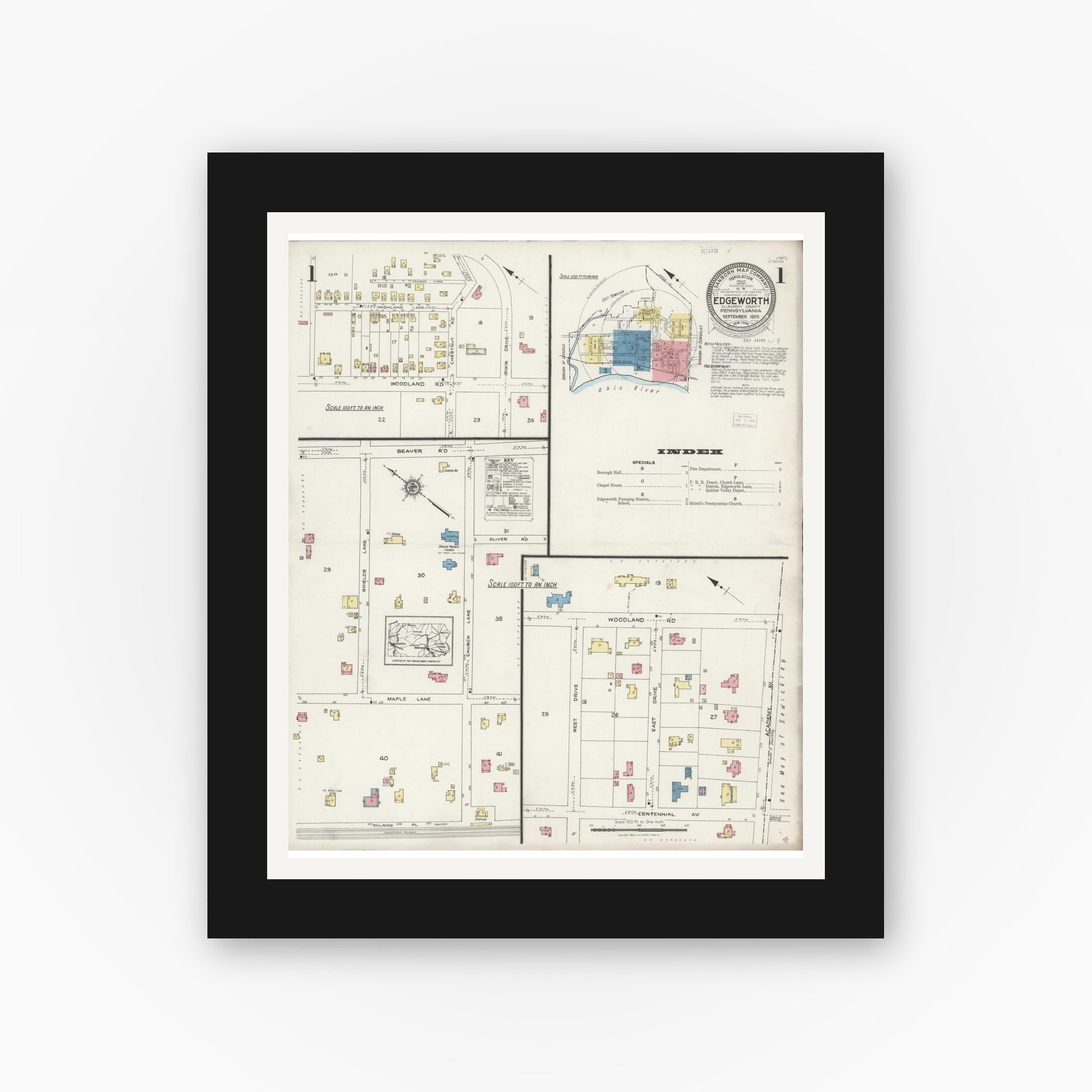 Old map wall art mockup — black gallery frame with white mat — Sanborn Fire Insurance Map from Edgeworth, Allegheny County, Pennsylvania (1925), Sheet #0001