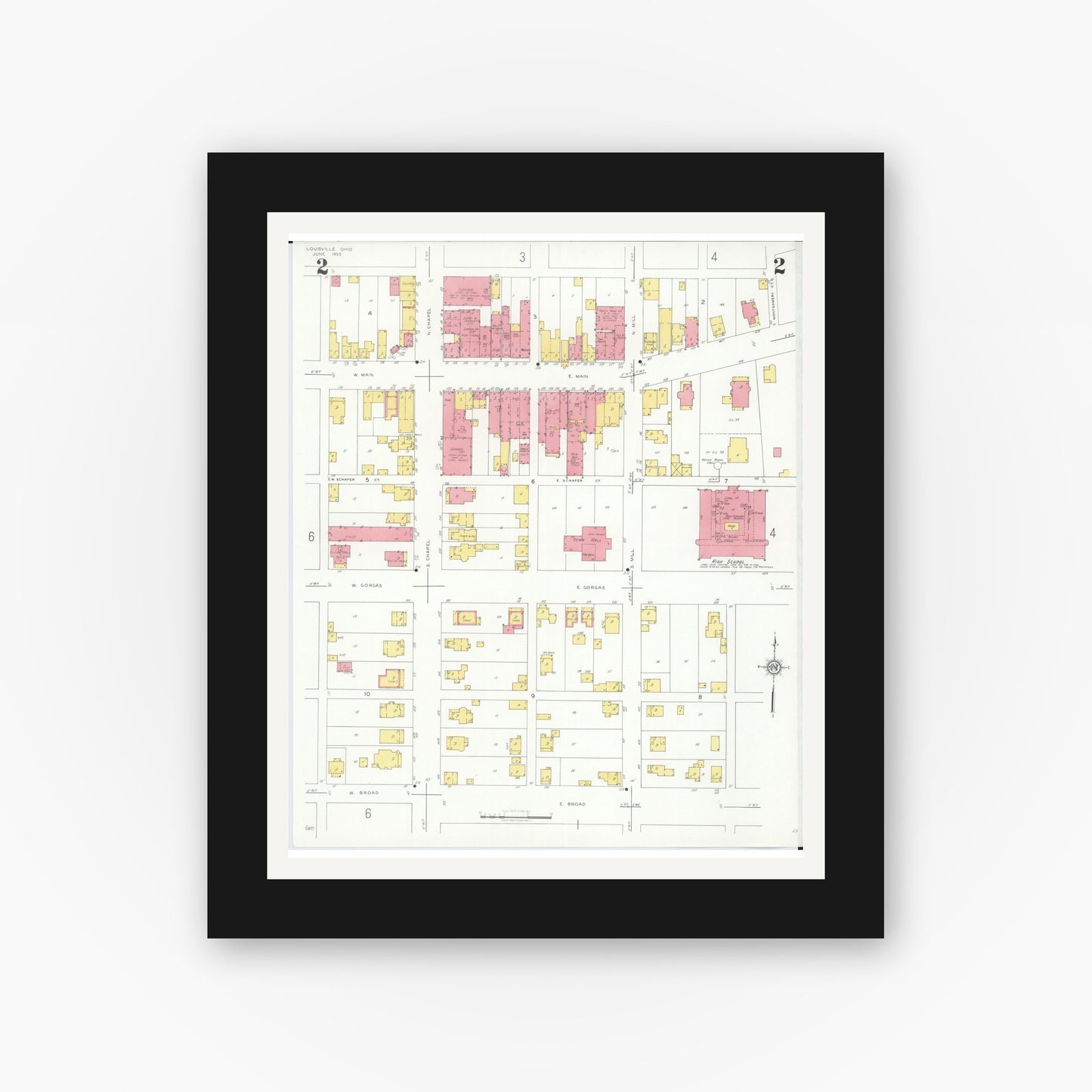 Old map wall art mockup — black gallery frame with white mat — Sanborn Fire Insurance Map from Louisville, Stark County, Ohio (1933), Sheet #0002