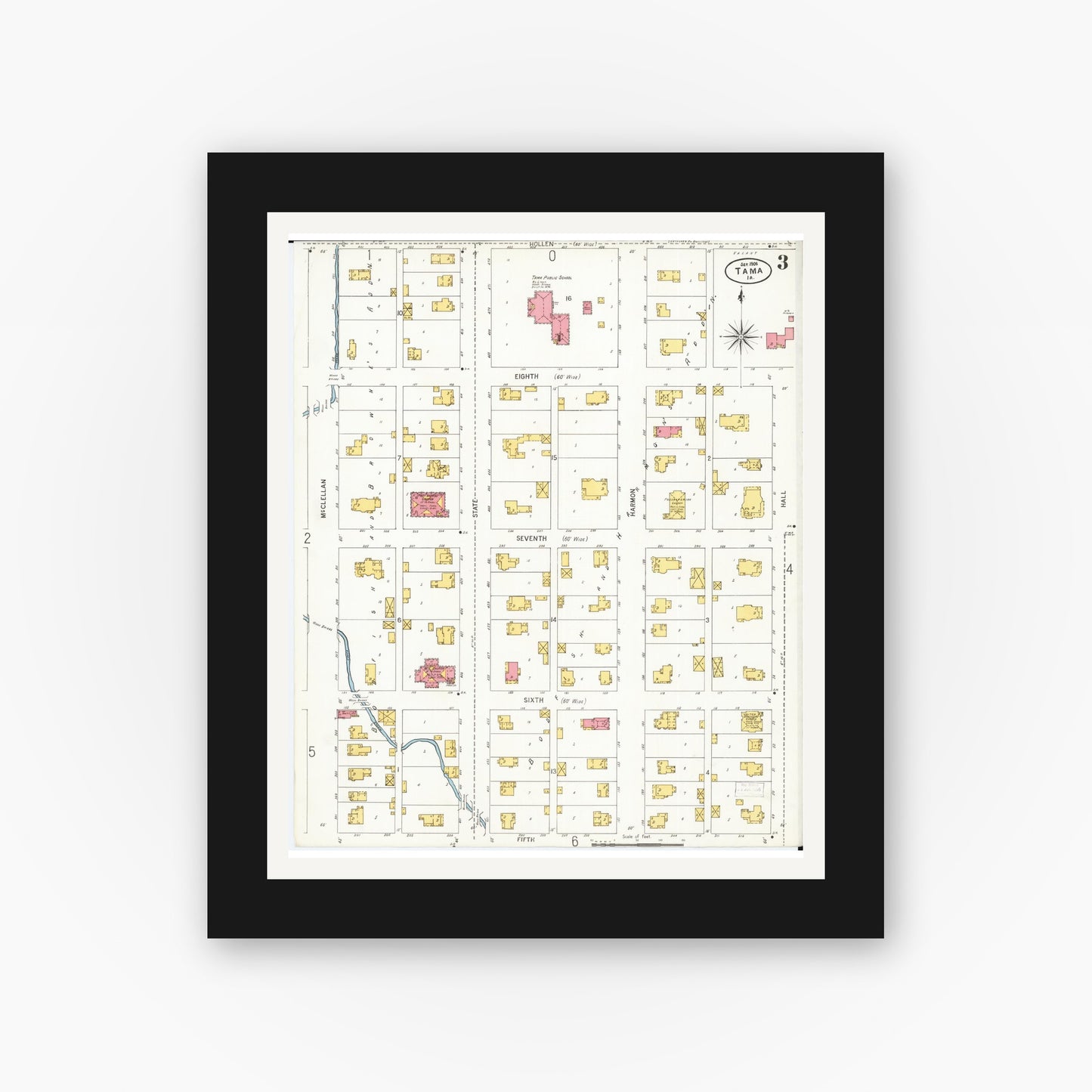 Old map wall art mockup — black gallery frame with white mat — Sanborn Fire Insurance Map from Tama, Tama County, Iowa (1906), Sheet #0003
