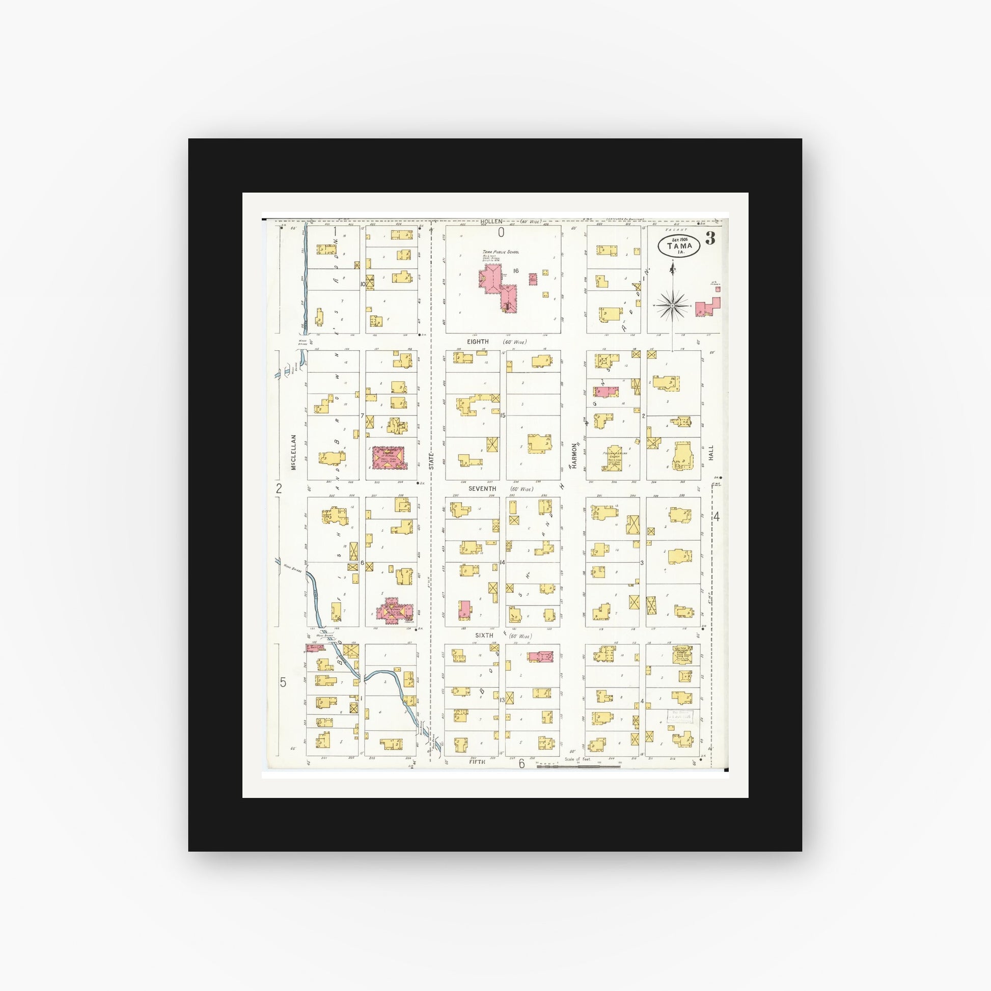 Old map wall art mockup — black gallery frame with white mat — Sanborn Fire Insurance Map from Tama, Tama County, Iowa (1906), Sheet #0003