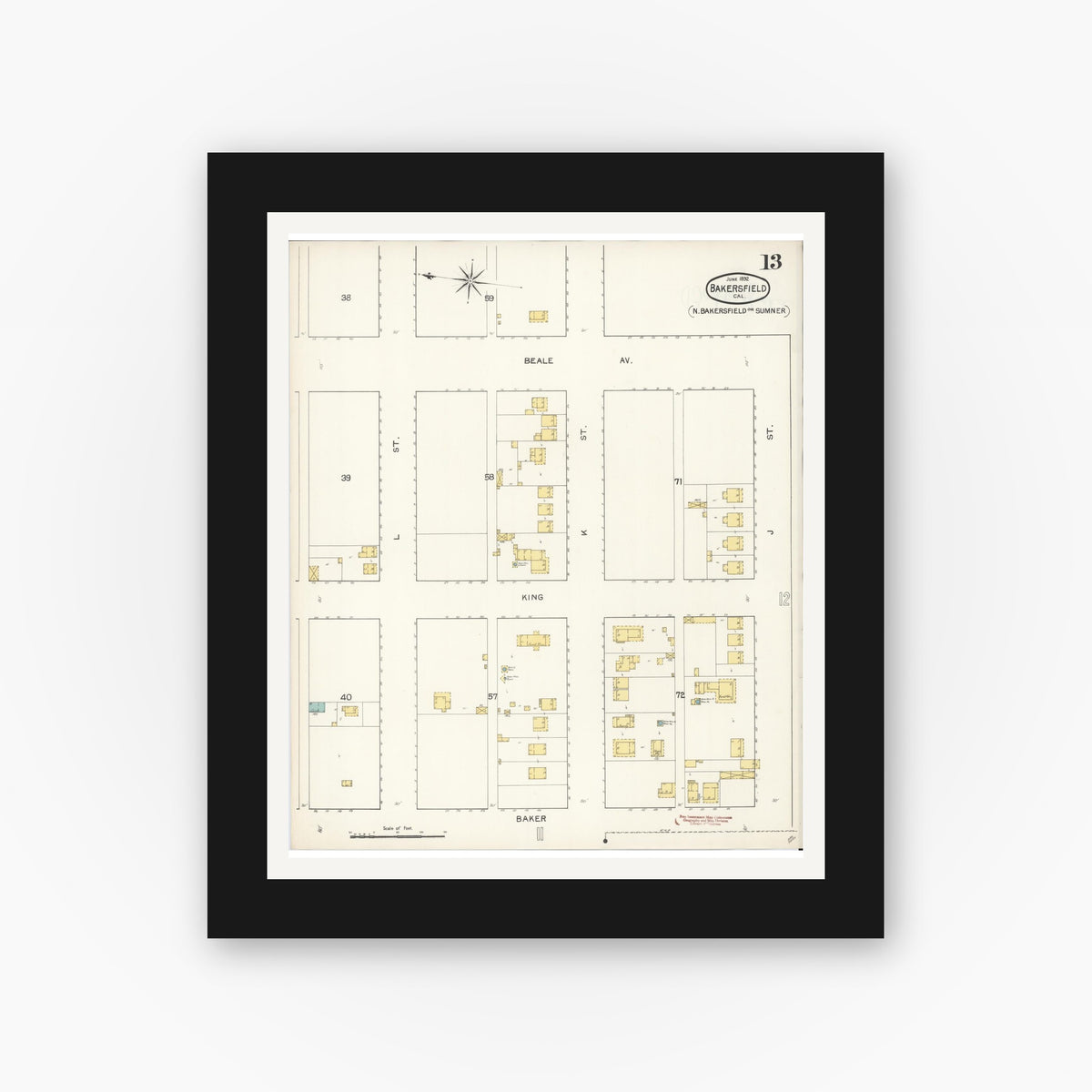Old map wall art mockup — black gallery frame with white mat — Sanborn Fire Insurance Map from Bakersfield, Kern County, California (1892), Sheet #0013