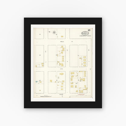 Old map wall art mockup — black gallery frame with white mat — Sanborn Fire Insurance Map from Bakersfield, Kern County, California (1892), Sheet #0013