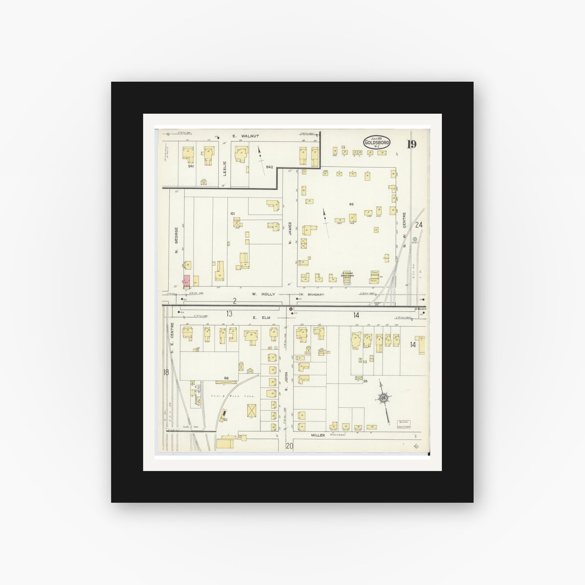 Old map wall art mockup — black gallery frame with white mat — Sanborn Fire Insurance Map from Goldsboro, Wayne County, North Carolina (1913), Sheet #0019