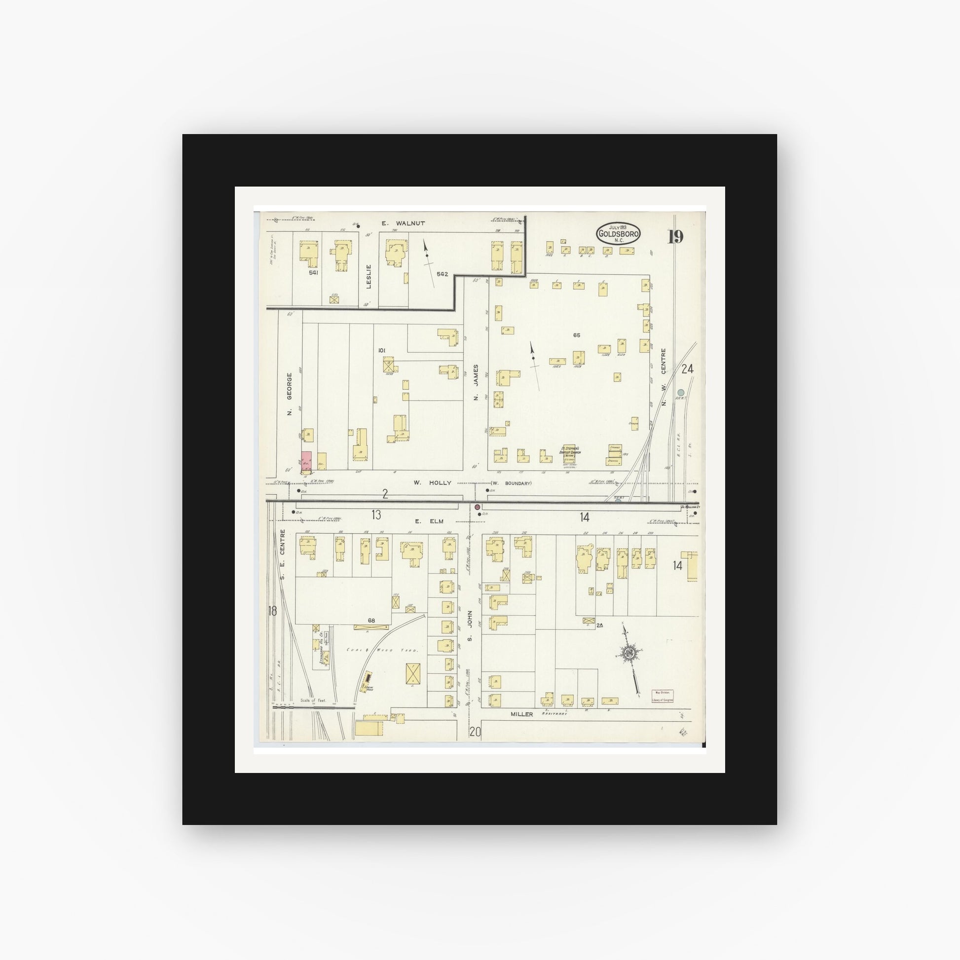 Old map wall art mockup — black gallery frame with white mat — Sanborn Fire Insurance Map from Goldsboro, Wayne County, North Carolina (1913), Sheet #0019