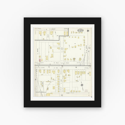 Old map wall art mockup — black gallery frame with white mat — Sanborn Fire Insurance Map from Goldsboro, Wayne County, North Carolina (1913), Sheet #0019