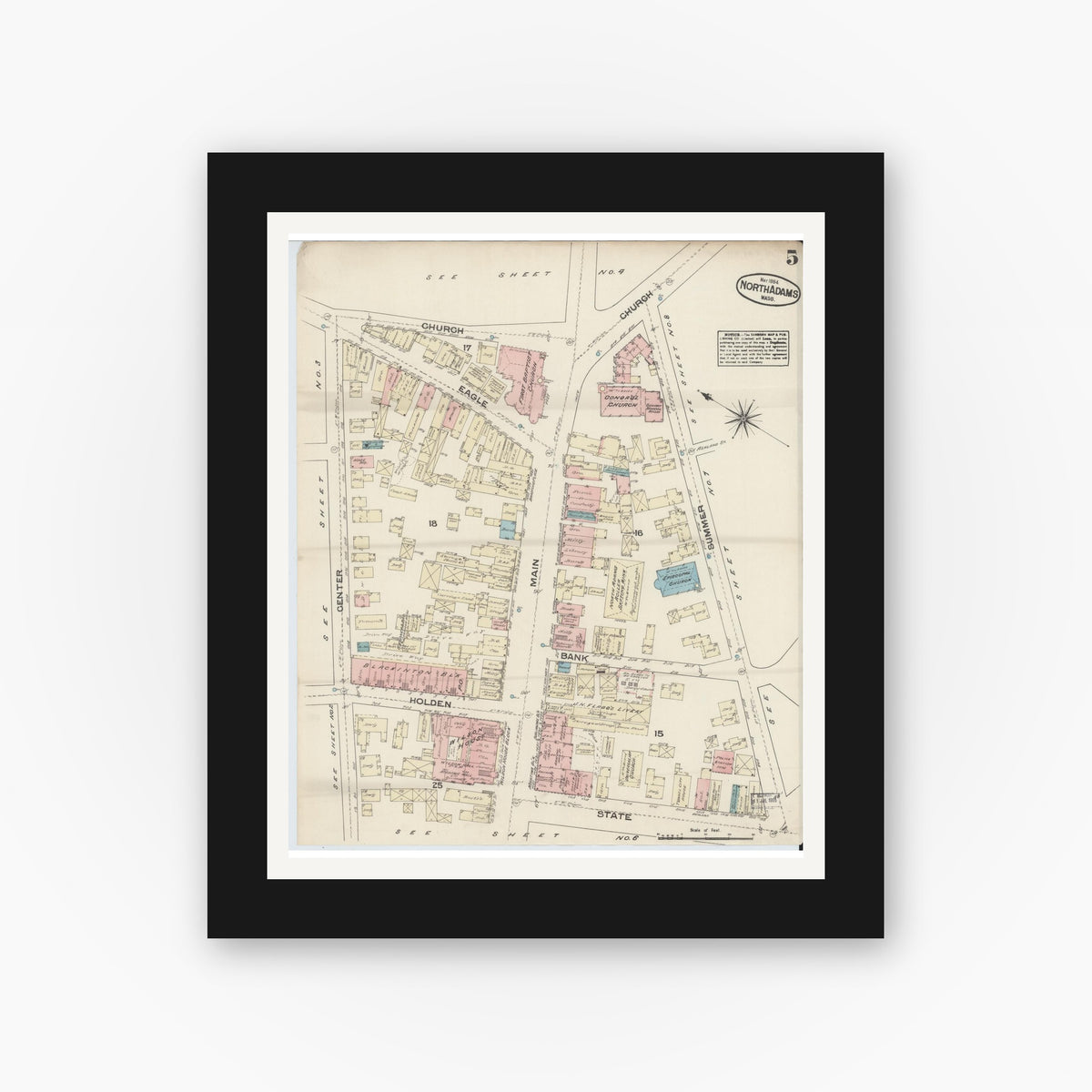 Old map wall art mockup — black gallery frame with white mat — Sanborn Fire Insurance Map from North Adams, Berkshire County, Massachusetts (1884), Sheet #0005