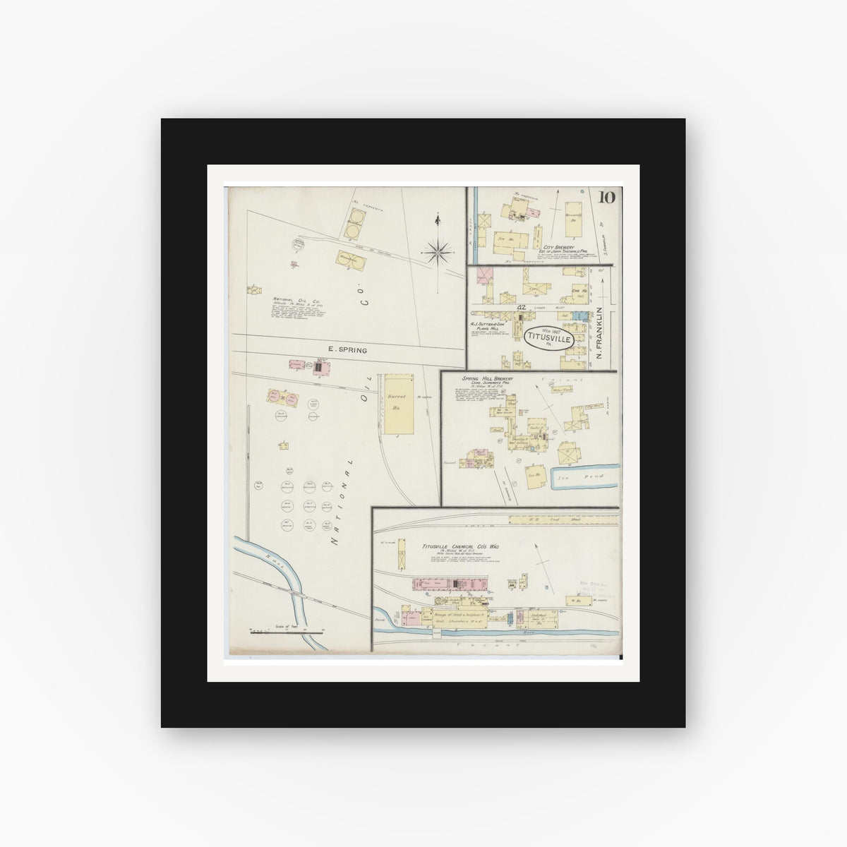 Old map wall art mockup — black gallery frame with white mat — Sanborn Fire Insurance Map from Titusville, Crawford County, Pennsylvania (1887), Sheet #0010