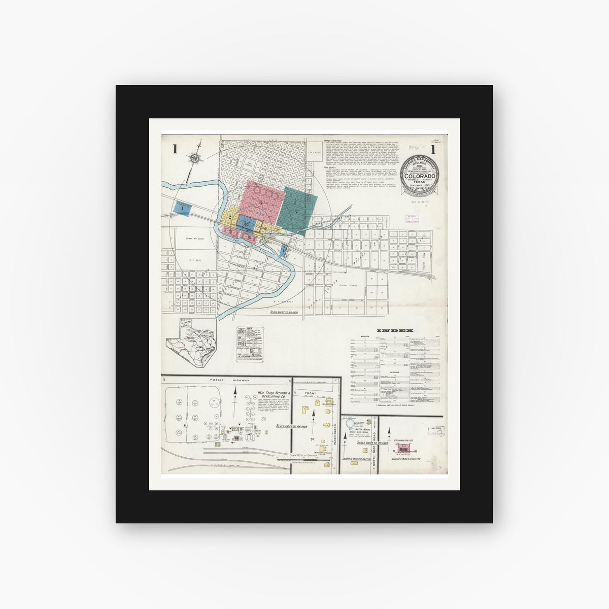 Old map wall art mockup — black gallery frame with white mat — Sanborn Fire Insurance Map from Colorado, Mitchell County, Texas (1925) - Complete Map Set
