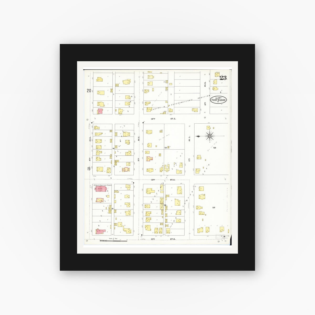 Old map wall art mockup — black gallery frame with white mat — Sanborn Fire Insurance Map from Fort Dodge, Webster County, Iowa (1907), Sheet #0023
